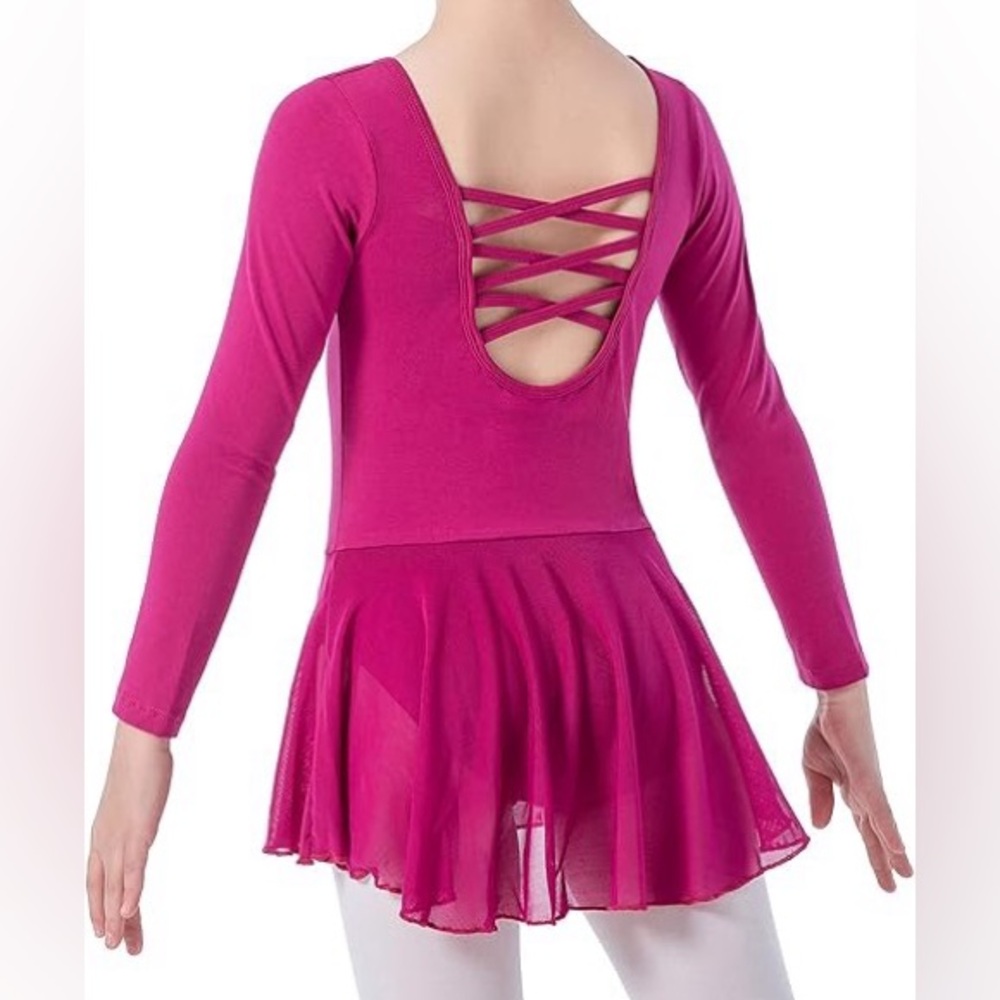 Deep Pink Long Sleeve Skirted Dance Leotard